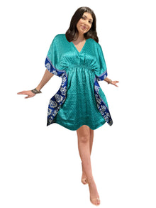  Women's Sea Blue Recycled Silk Kaftan – Elegant Boho Tunic Dress, SML