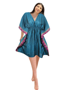  Women's Steel Blue Recycled Silk Kaftan – Stylish Boho Tunic Dress, SML