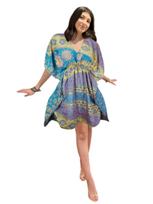  Women's Blue Floral Georgette Kaftan Dress – Lightweight Boho Resort Wear for Summer Beach DaysSML