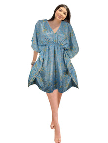  Women's Blue Short Kaftan Dress – Lightweight Boho Beachwear for Summer SML