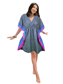  Women's Blue & Green Floral Short Kaftan – Lightweight Boho Beach Dress SML