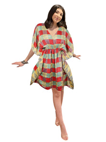  Women's Red Boho Maxi Kaftan – Stylish Box Print Summer Caftan Dress SML