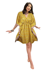  Women's Yellow Georgette Kaftan Dress – Stylish Boho Resort Wear for Summer Beach Days SML