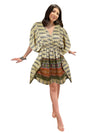 Women's Beige Floral Kaftan – Stylish Recycled Silk Boho Tunic Dress, SML