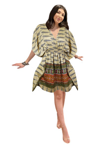  Women's Beige Floral Kaftan – Stylish Recycled Silk Boho Tunic Dress, SML