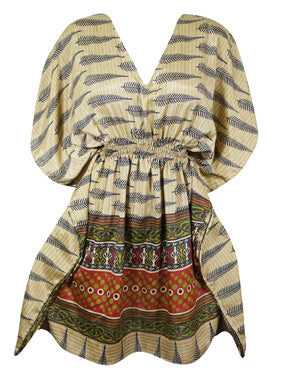 Women's Beige Floral Kaftan – Stylish Recycled Silk Boho Tunic Dress, SML