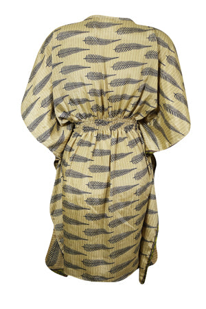Women's Beige Floral Kaftan – Stylish Recycled Silk Boho Tunic Dress, SML
