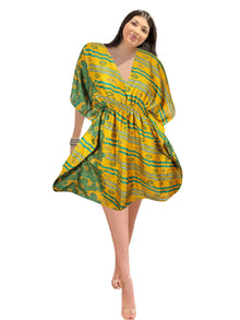  Boho Floral Summer Kaftan Dress for Women – Green and Yellow Resort Caftan SML