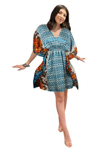  Women's Dark Blue Recycled Silk Kaftan – Stylish Boho Tunic Dress, SML