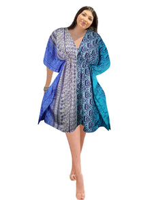  Women's Blue & White Beach Kaftan – Short Boho Summer Dress, SML