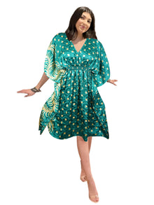  Women's Green & Beige Recycled Silk Kaftan – Boho Chic Tunic Dress, SML