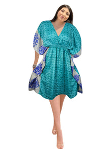  Women's Blue Short Beach Kaftan – Lightweight Summer Resort Dress SML
