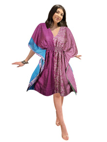  Women's Purple Floral Short Kaftan – Boho Beach Resort Wear Dress, SML