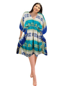  Women's Blue & White Short Beach Kaftan – Lightweight Boho Caftan Dress SML