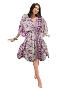  Women's Purple Floral Beach Kaftan – Short Boho Summer Dress, SML