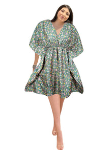  Women's Green Floral Recycled Silk Kaftan – Boho Chic Tunic Dress, SML