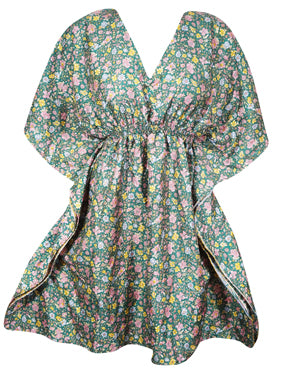 Women's Green Floral Recycled Silk Kaftan – Boho Chic Tunic Dress, SML