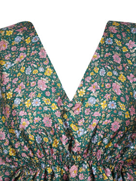 Women's Green Floral Recycled Silk Kaftan – Boho Chic Tunic Dress, SML