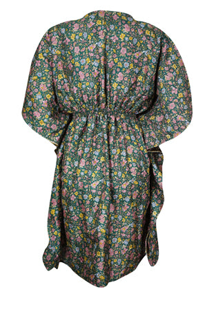 Women's Green Floral Recycled Silk Kaftan – Boho Chic Tunic Dress, SML