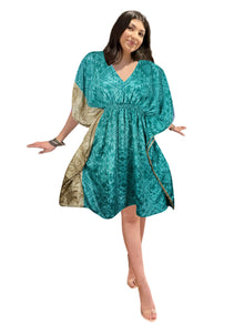  Women's Sea Blue Recycled Silk Kaftan – Stylish Boho Tunic Dress, SML