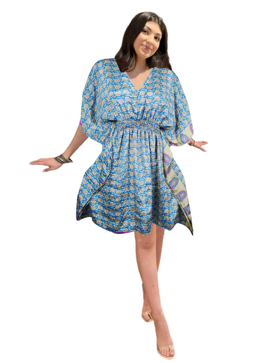 Women's Blue & White Floral Beach Kaftan – Short Boho Summer Dresses, SML