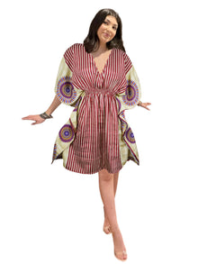  Women's Red & Beige Floral Short Kaftan – Boho Beach Cover-Up Summer Dress, One size
