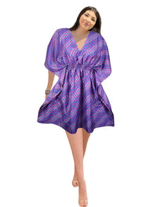  Women's Short Purple Floral Kaftan – Boho Beach Cover-Up Summer Dress One size