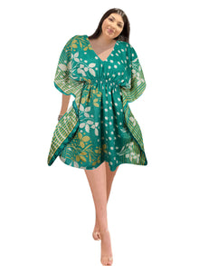  Women's Pine Green Floral Kaftan – Boho Summer Beach & Resort Wear Dress  One size