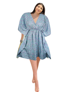  Women's Blue Purple Leaf Print Kaftan – Boho Summer Beach Resort Caftan Dress One size