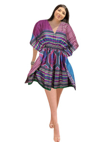  Women's Purple Floral Short Kaftan – Boho Beach Cover Up Dress for Summer Resort Wear One size