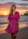 Bright Pink Floral Kaftan – Short Recycled Silk Beach Dress for Women | Boho Resort Wear One size