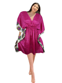  Bright Pink Floral Kaftan – Short Recycled Silk Beach Dress for Women One size