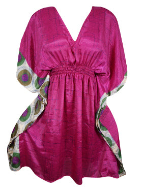 Bright Pink Floral Kaftan Short Recycled Silk Beach Dress for Women | Boho Resort Wear One size Bright Pink Floral Kaftan Short Recycled Silk Beach Dress for Women | Boho Resort Wear One size