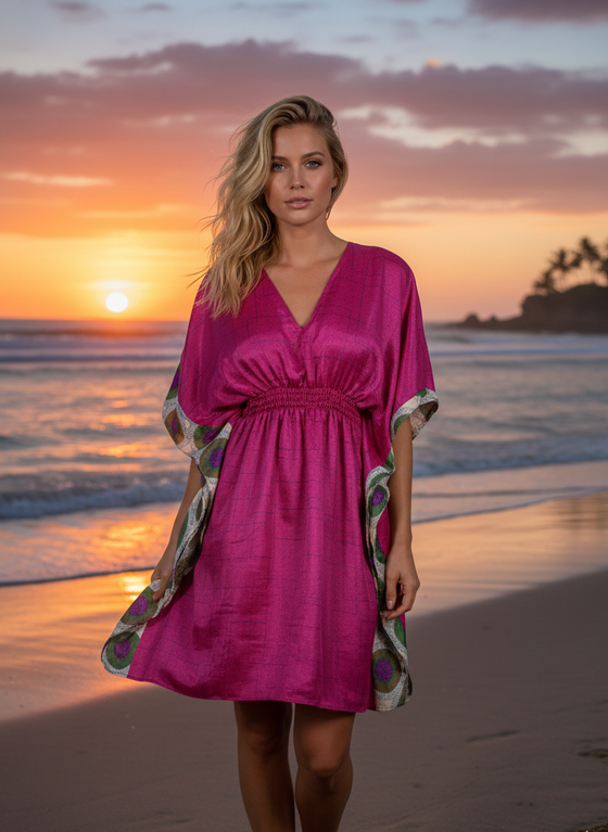 Bright Pink Floral Kaftan – Short Recycled Silk Beach Dress for Women