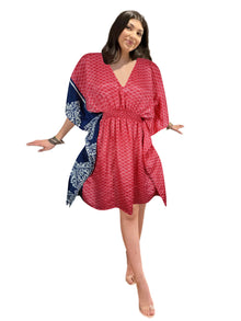  Rose Red Boho Kaftan – Recycled Silk Tunic Dress for Women One size