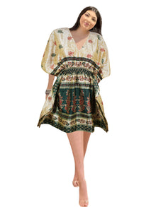  Women, Beige Green Floral Kaftan – Recycled Silk Summer Beach Resort Dress One size