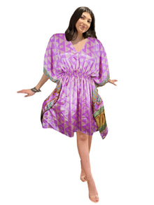 Purple Boho Beach Kaftan – Short Recycled Silk Summer Dress for Women One size