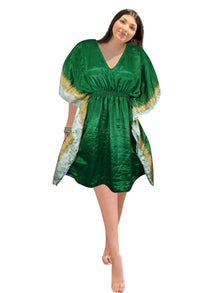  Forest Green Boho Short Kaftan – Recycled Silk Beach Cover-Up Dress One size