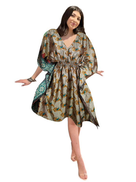 Golden Summer Kaftan – Recycled Silk Beach Resort Dress One size