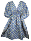 Boho Blue Beach Coverup Kaftan Floral Short Summer Dresses, One size