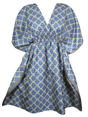 Boho Blue Beach Coverup Kaftan Floral Short Summer Dresses, One size