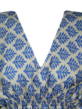 Boho Blue Beach Coverup Kaftan Floral Short Summer Dresses, One size
