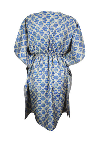 Boho Blue Beach Coverup Kaftan Floral Short Summer Dresses, One size