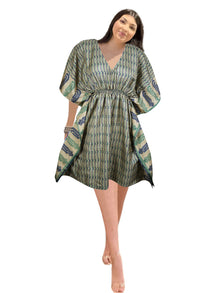  Green Boho Beach Kaftan – Recycled Silk Summer Resort Dress Caftan One size