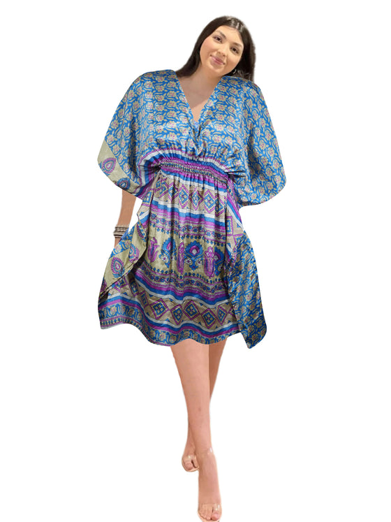 Azure Blue Boho Kaftan – Recycled Silk Tunic Dress for Women One size