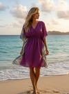 Magenta Floral Beach Kaftan – Short Recycled Silk Summer Dress for Women One size