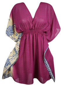  Women Beach Kaftan Dress, Magenta Floral Short Summer Dresses, One size