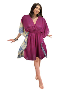  Magenta Floral Beach Kaftan – Short Summer Dress in Recycled Silk, One size