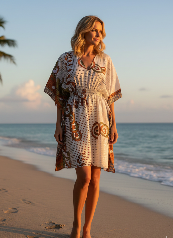 White Recycled Silk Kaftan – Lightweight Boho Beach Cover-Up Tunic Caftan for Women SML