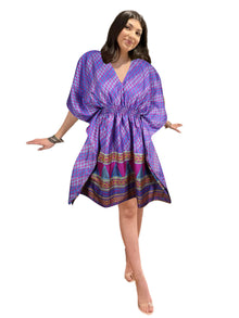  Purple Short Beach Kaftan Dress – Recycled Silk Summer Dress for Women SML